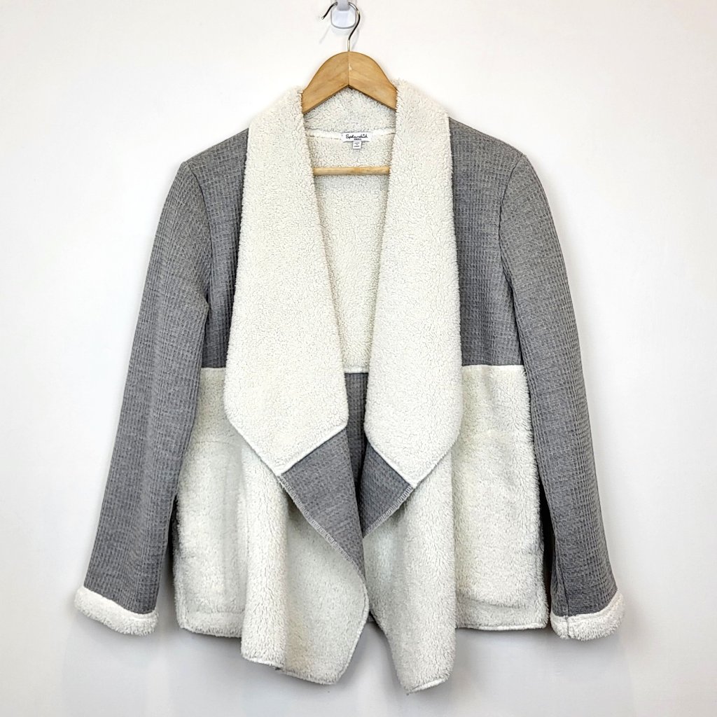 Splendid White Gray Sherpa Waffleknit Open Front Cardigan, Size Small, Euc